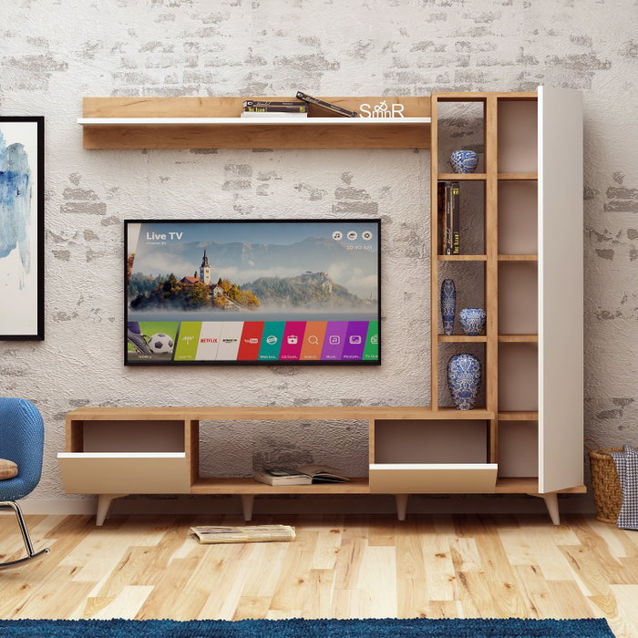 Hanah Home Mueble de TV Roble y Blanco, Tablero de Partículas Recubierto de Melamina, Soporte TV 170cm, Armario 50cm, Estante 140cm